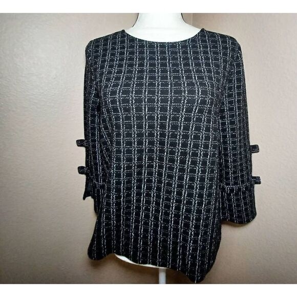 Karl Lagerfield Paris Windowpane Bow 3/4 Sleeve Blouse Top Black White Size S - Picture 1 of 8